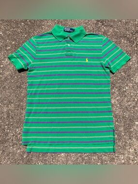 Vintage Polo Ralph Lauren Men's Shirt Medium Rugby Green Multi Custom Fit Pony